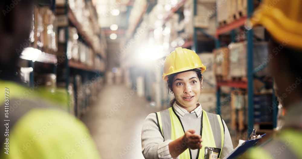 Logistics, people and woman with clipboard in meeting for supply chain training, service delivery and cargo instructions. Supervisor, warehouse and staff briefing for shipping or inventory management