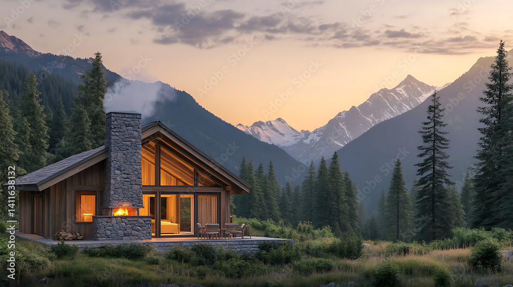 Fototapeta premium Wooden Cabin Nestled In Lush Green Forest With Mountain Range Illuminated By Sunset Sky