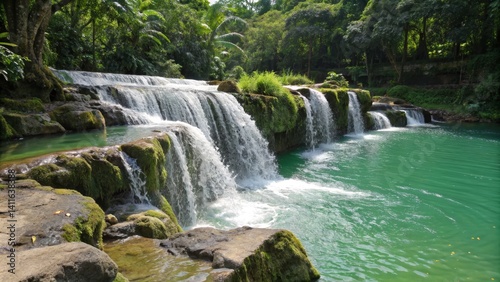 Tropical Waterfall Cascade in Lush Jungle