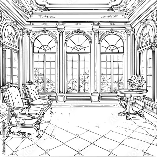 Baroque style Orangery coloring book design, Baroque style Orangery vector graphic