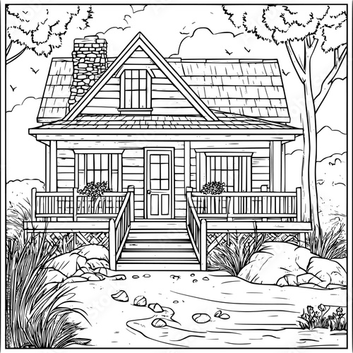 Cape Cod style Cottage coloring book design, Cape Cod style Cottage vector graphic