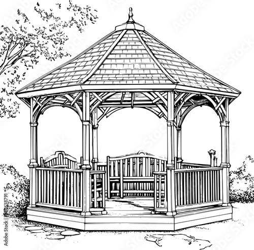 Cape Cod style Gazebo coloring book design, Cape Cod style Gazebo vector graphic