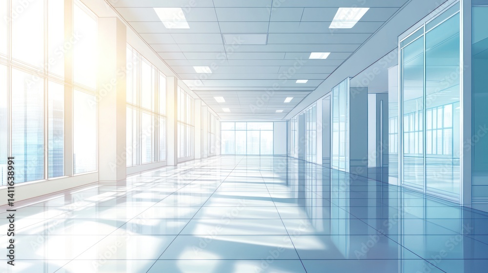 Fototapeta premium Empty modern office hallway with large windows