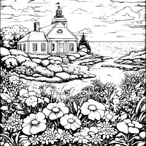 Cape Cod style Library coloring book design, Cape Cod style Library vector graphic