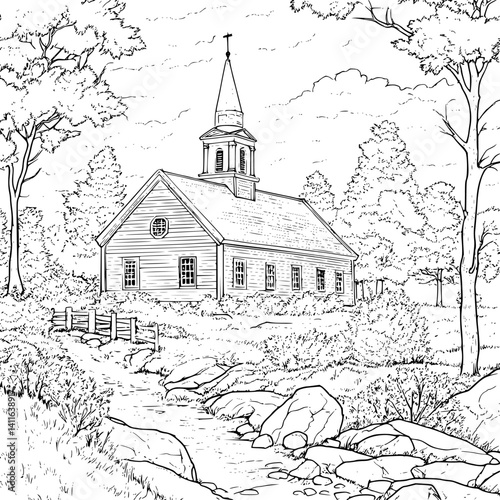 Cape Cod style Meetinghouse coloring book design, Cape Cod style Meetinghouse vector graphic