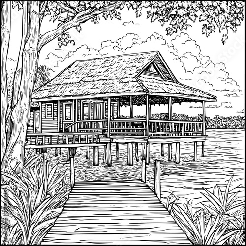 Contemporary style Boathouse coloring book design, Contemporary style Boathouse vector graphic