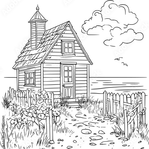 Cape Cod style Summer home coloring book design, Cape Cod style Summer home vector graphic