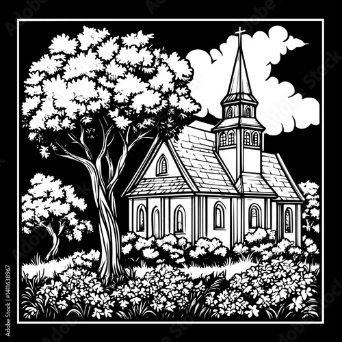 Contemporary style Church coloring book design, Contemporary style Church vector graphic