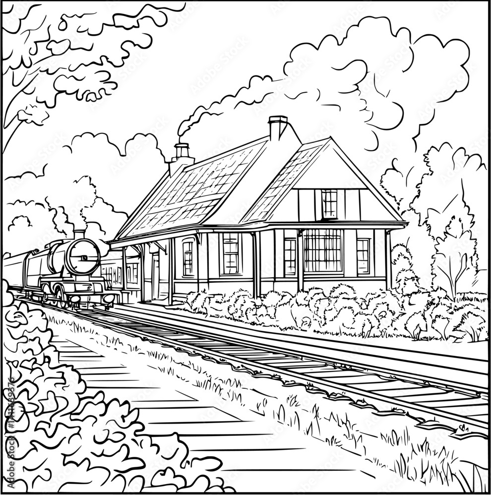 Obraz premium Craftsman style Train station coloring book design, Craftsman style Train station vector graphic