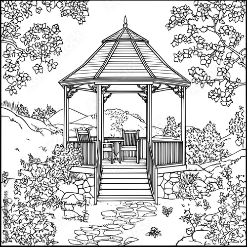Craftsman style Gazebo coloring book design, Craftsman style Gazebo vector graphic