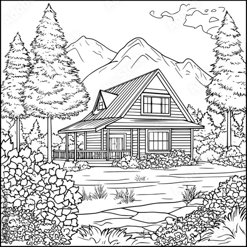 Craftsman style Cabin coloring book design, Craftsman style Cabin vector graphic