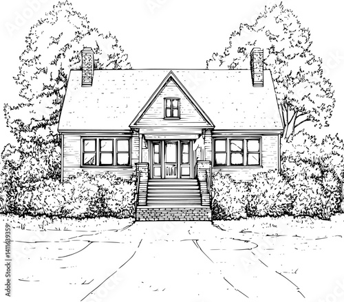 Craftsman style Schoolhouse coloring book design, Craftsman style Schoolhouse vector graphic