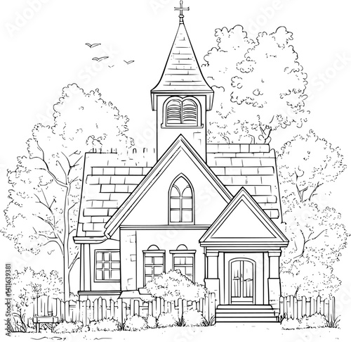 Craftsman style Church coloring book design, Craftsman style Church vector graphic