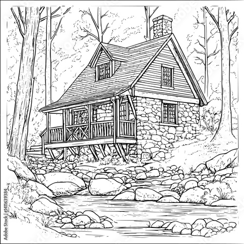 Craftsman style Tavern coloring book design, Craftsman style Tavern vector graphic