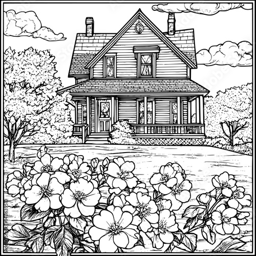 Farmhouse style Spring house coloring book design, Farmhouse style Spring house vector graphic