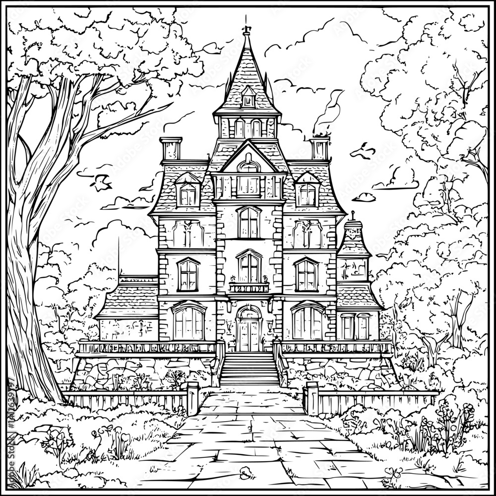Obraz premium Gothic style Courthouse coloring book design, Gothic style Courthouse vector graphic