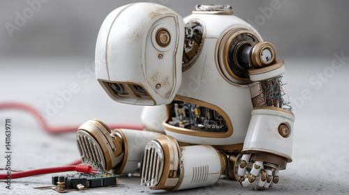 Broken Robot: A charming yet distressed robot sits dejectedly amidst its scattered components, expressing vulnerability and the challenges of technological evolution.