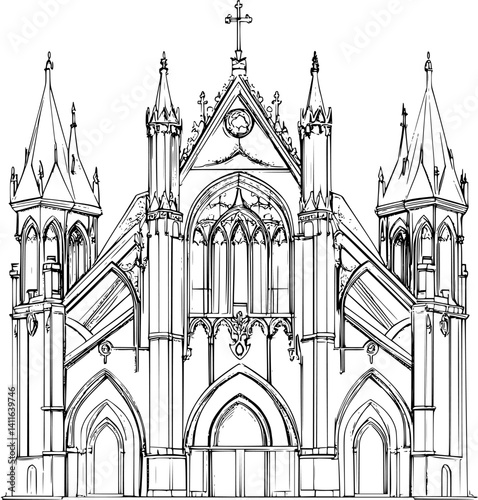 Gothic style Basilica coloring book design, Gothic style Basilica vector graphic