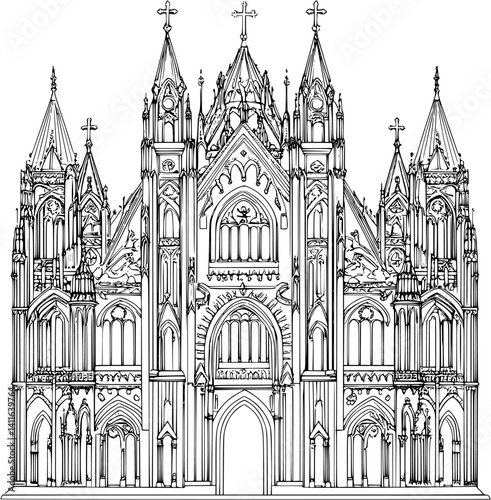 Gothic style Cathedral coloring book design, Gothic style Cathedral vector graphic