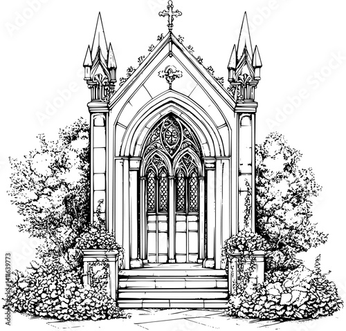 Gothic style Chapel coloring book design, Gothic style Chapel vector graphic