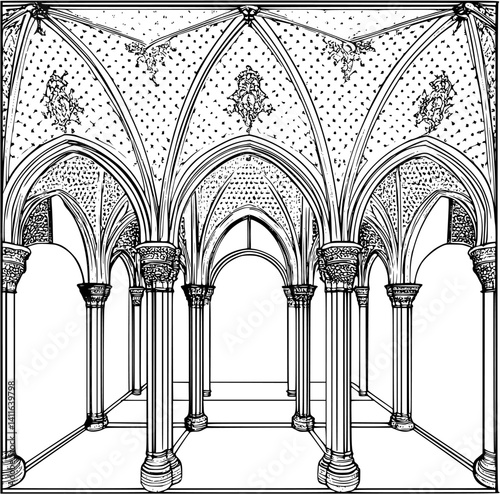 Gothic style Market hall coloring book design, Gothic style Market hall vector graphic