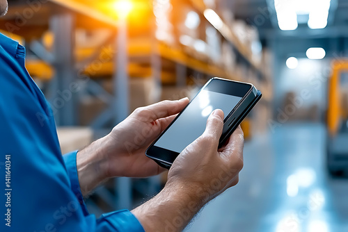 Supervisor using rfid scanner for inventory management warehouse action industrial setting close-up view efficiency tracking