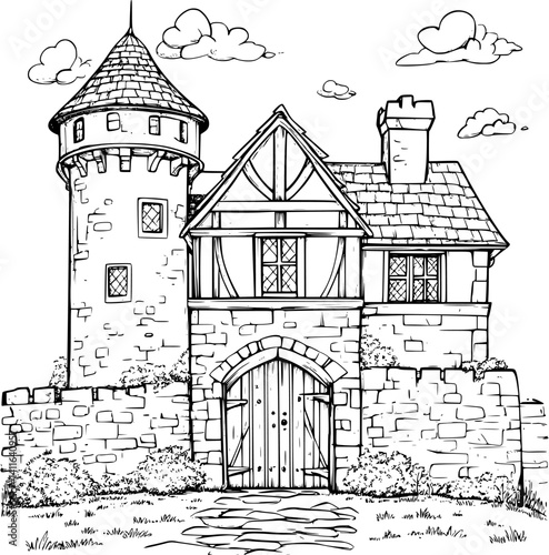 Tudor style Gatehouse coloring book design, Tudor style Gatehouse vector graphic