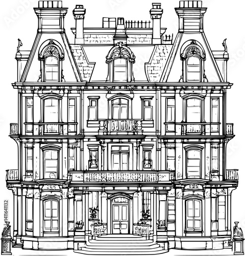 Victorian style Hotel coloring book design, Victorian style Hotel vector graphic