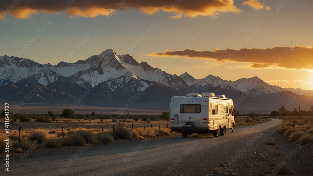 Obraz premium Scenic road trip at sunset featuring a traveling RV surrounded by rugged desert landscapes with towering mountains capped in snow