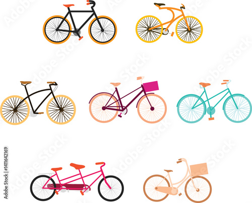 A versatile collection of bicycle illustrations featuring various styles and designs. Ideal for transportation themes, eco-friendly projects, outdoor activities, and lifestyle visuals. 