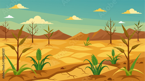 The fields that were once ripe with rows of corn and wheat now lay barren the soil dry and cracked. Weeds and thistles have taken root the only plants thriving amidst the desolate. Vector illustration