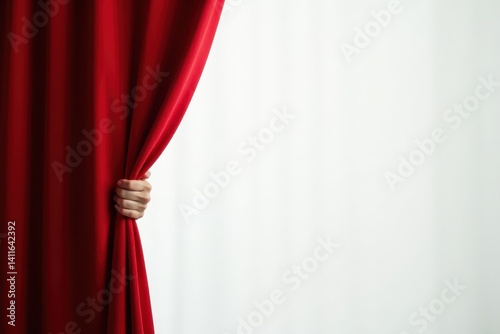 Close-up of a hand lifting a scarlet curtain to show a pristine white scene , stage, closeup, action
