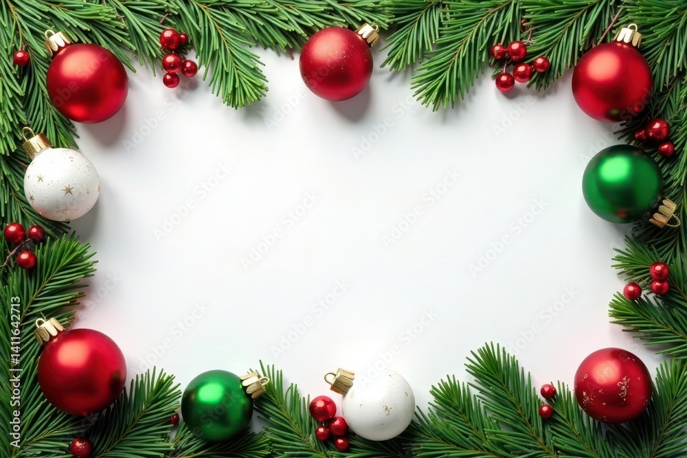 Fototapeta premium Festive red, green & white Christmas ornaments & branches border , decoration, graphic, holly