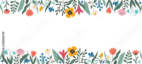Decorative frame, border, frieze with flowers - poppies, tulips, leaves, lilies, daffodils. Vector. Doodle style. Copy space, design template. Hand drawn spring and summer flowers and foliage
