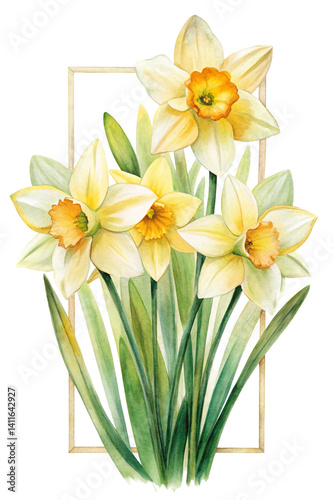 Wallpaper Mural Watercolor painting of three light yellow daffodils with greenery and frame Torontodigital.ca