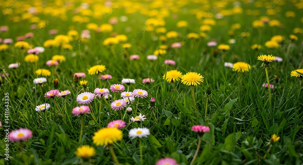 Spring Symphony: Meadow of White Daisies, Pink Blossoms & Golden Dandelions Spring Symphony: Meadow of White Daisies, Pink Blossoms & Golden Dandelions