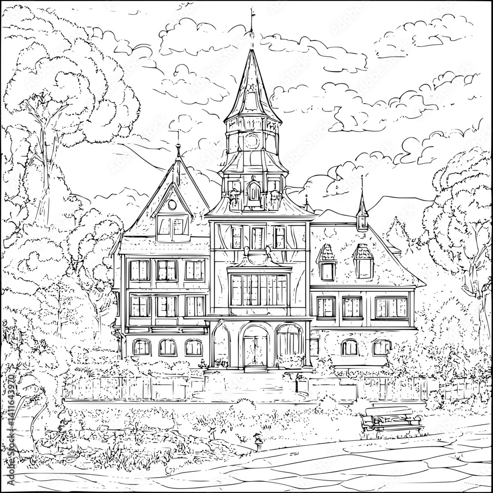 Naklejka premium Gothic style Town hall coloring book design, Gothic style Town hall vector image