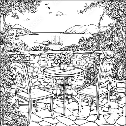 Mediterranean style Taverna coloring book design, Mediterranean style Taverna vector image