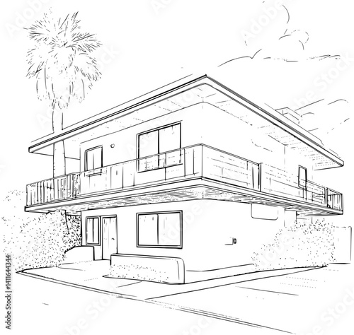 Mid-Century Modern style Motel coloring book design, Mid-Century Modern style Motel vector image
