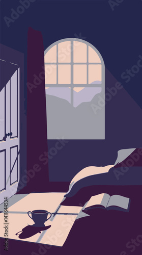 A sophisticated and elegant vertical flat vector background in rich burgundy and deep blue.  Minimal bedroom scene with sunlight, a teacup, and a book.  Simple, two-dimensional shapes, soft shadows