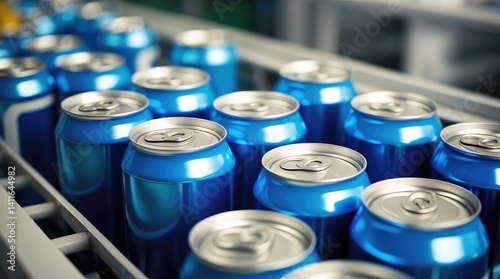 Single blue drink can in focus surrounded by additional cans on a factory line : Generative AI