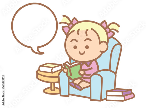 Little girl reading a book at sofa