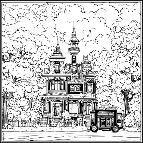 Victorian style Fire station coloring book design, Victorian style Fire station vector image