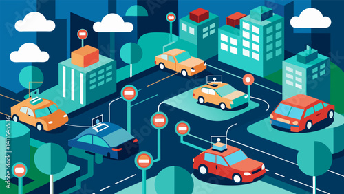A street lined with selfdriving cars all connected to a central data hub to optimize their routes and minimize congestion in realtime.. Vector illustration