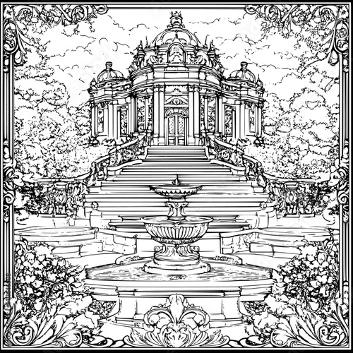 Baroque style Fountain house coloring book design, Baroque style Fountain house vector illustration