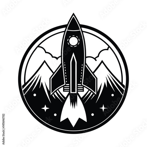 Black and white rocket launching into space, surrounded by mountains.