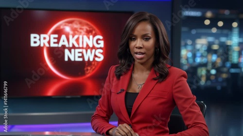 Engaged news anchor presenting breaking headlines in modern studio environment