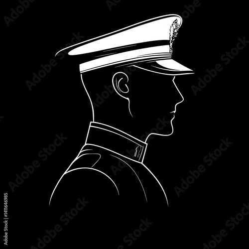 Side profile of a male officer in a formal military uniform and cap, exuding strength and discipline against a dark background.