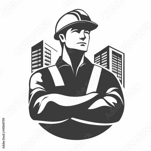 Confident male construction worker in a hard hat with city skyline in background, embodying strength and dedication.