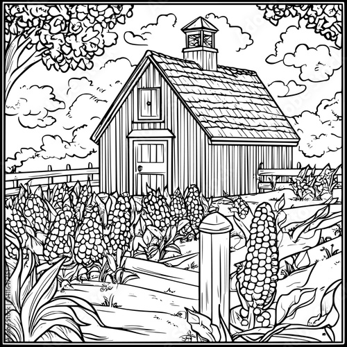 Farmhouse style Corn crib coloring book design, Farmhouse style Corn crib vector illustration
